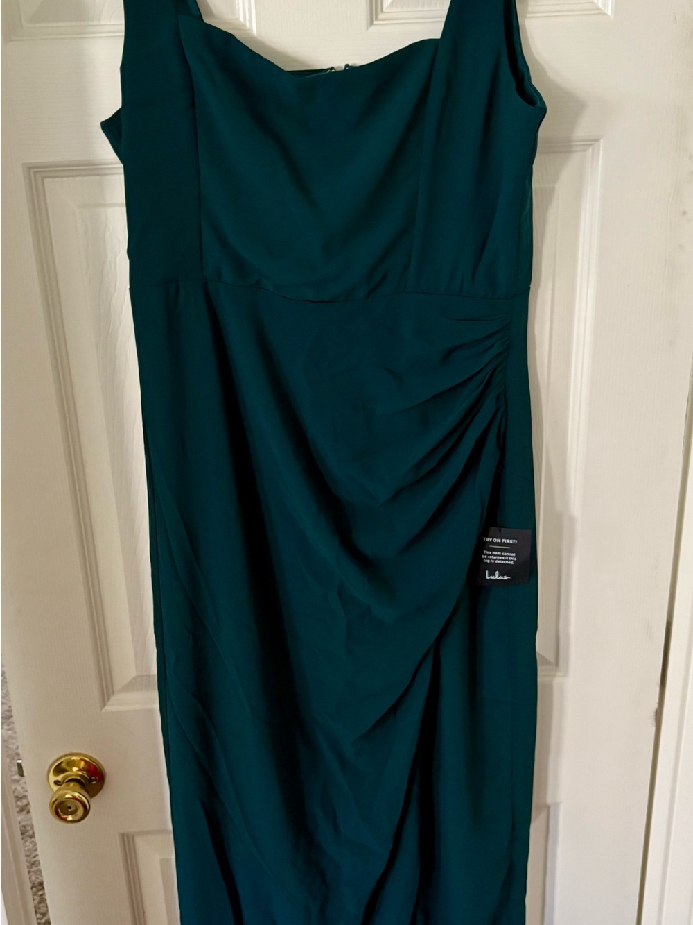 Lulus Glamorous Disposition Emerald Green Ruched Maxi Dress NWT